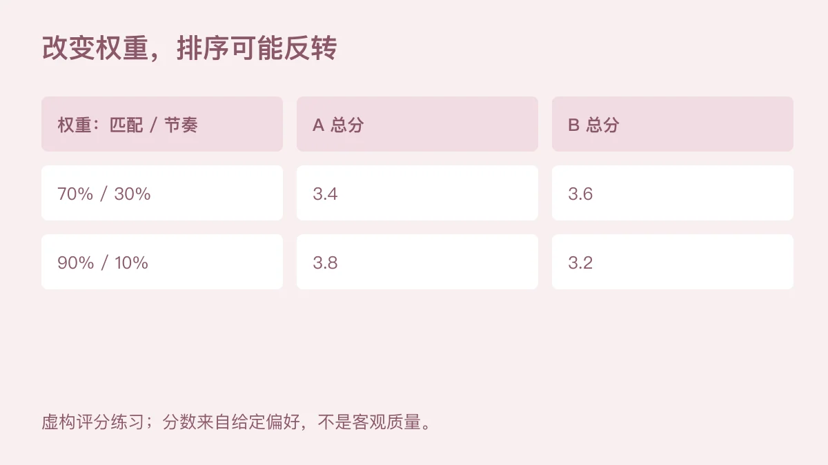 匹配与节奏权重70比30时A得3.4、B得3.6;90比10时A得3.8、B得3.2,排序反转