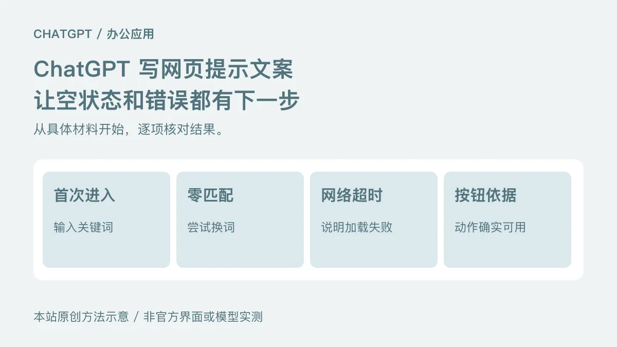 首次进入:输入关键词;零匹配:尝试换词;网络超时:说明加载失败;按钮依据:动作确实可用
