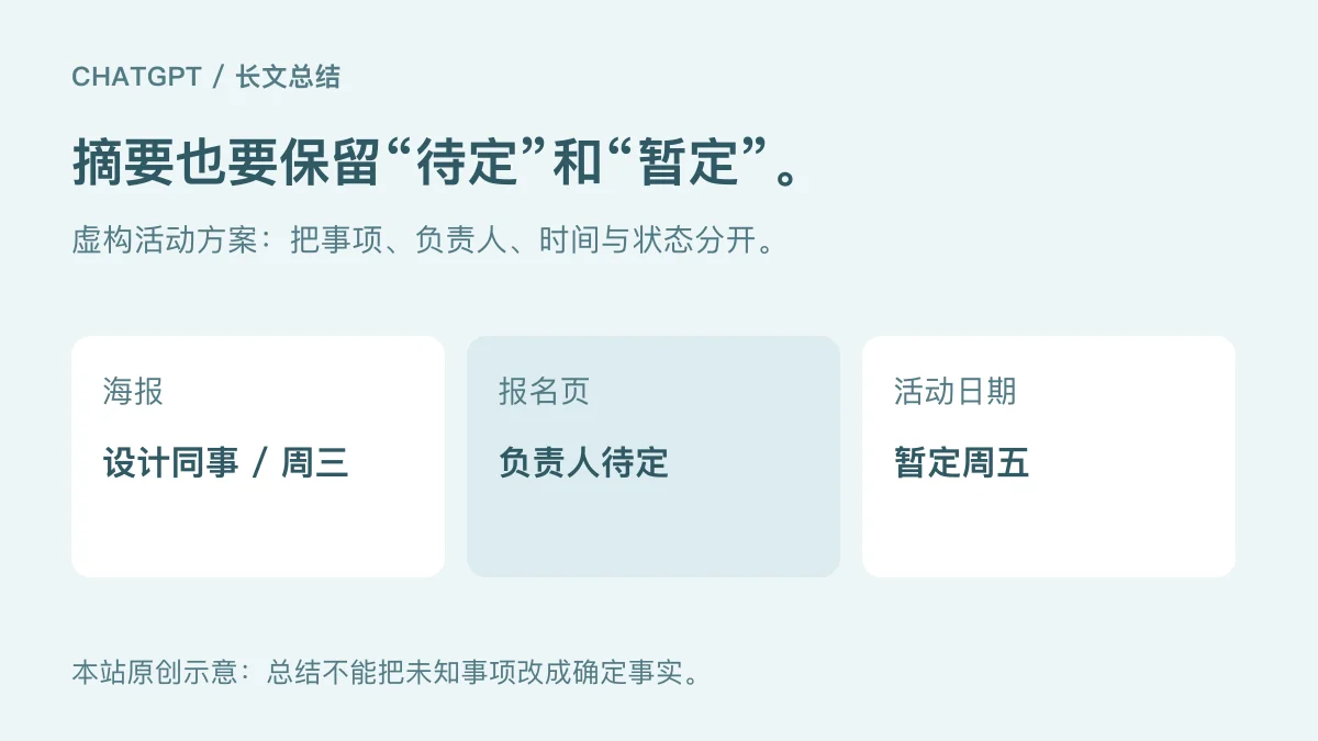 虚构活动方案的总结核对：设计同事周三交海报，报名页负责人待定，活动日期暂定周五