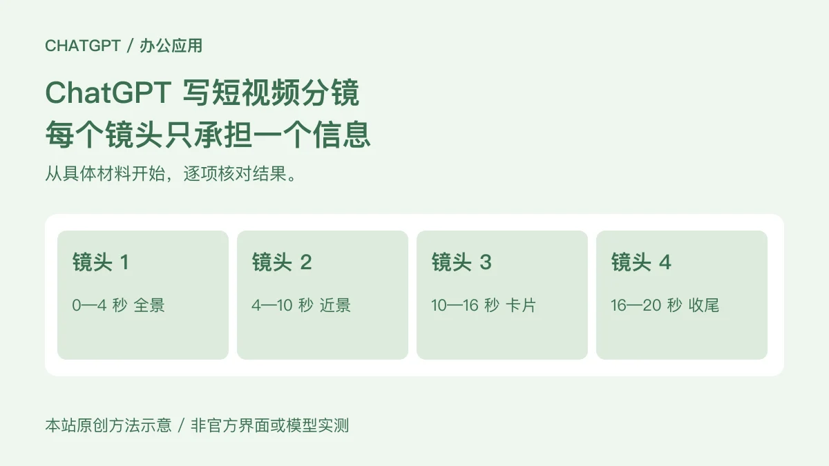 镜头 1:0—4 秒 全景;镜头 2:4—10 秒 近景;镜头 3:10—16 秒 卡片;镜头 4:16—20 秒 收尾