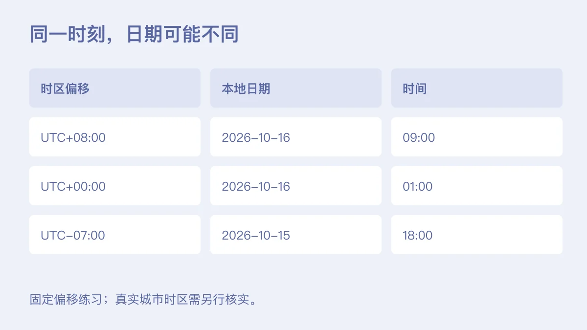 固定偏移换算:北京时间10月16日09时对应UTC当日01时及UTC减七时区10月15日18时