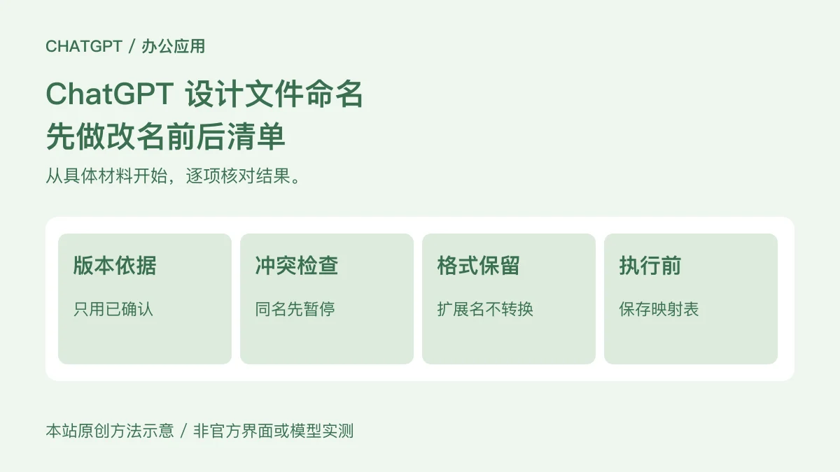 版本依据:只用已确认;冲突检查:同名先暂停;格式保留:扩展名不转换;执行前:保存映射表