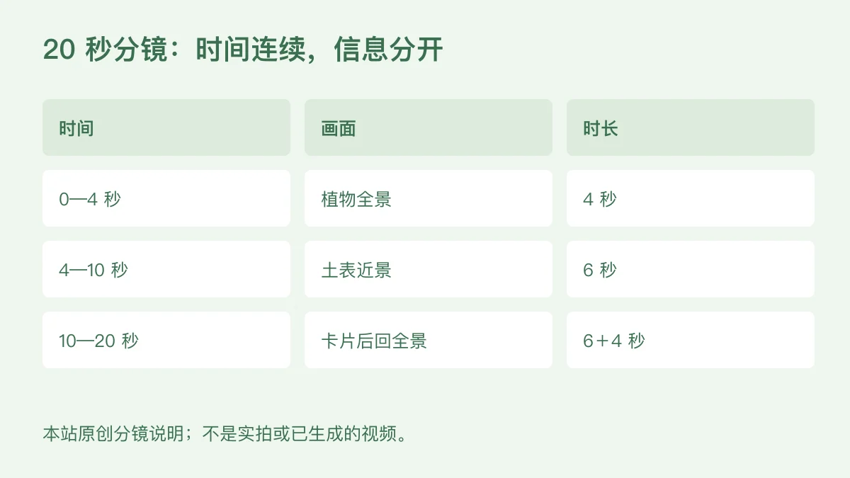 20秒分镜时间连续:0至4秒植物全景,4至10秒土表近景,10至16秒卡片,16至20秒回全景