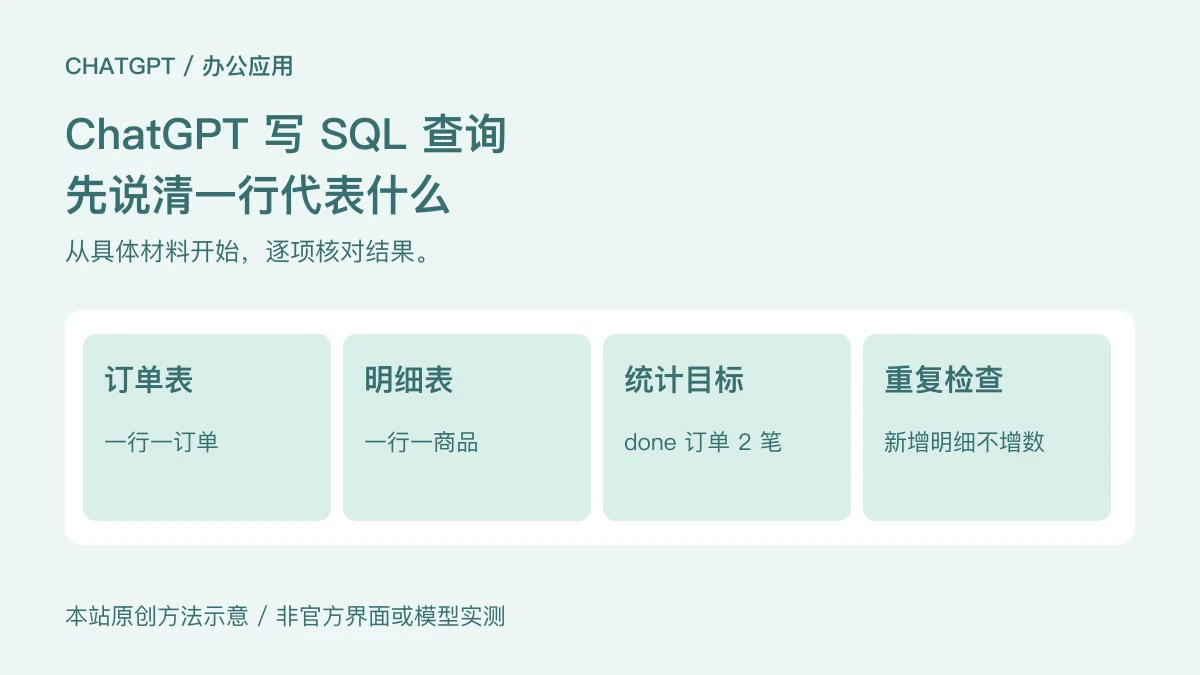 订单表:一行一订单;明细表:一行一商品;统计目标:done 订单 2 笔;重复检查:新增明细不增数
