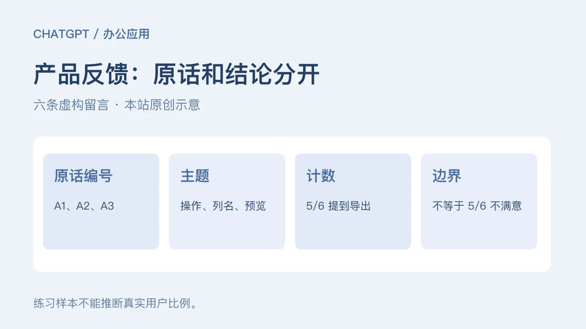 产品反馈:把六条原话变成可核对主题;频次不等于用户比例;每个主题保留原话编号;正面与反面意见都记录