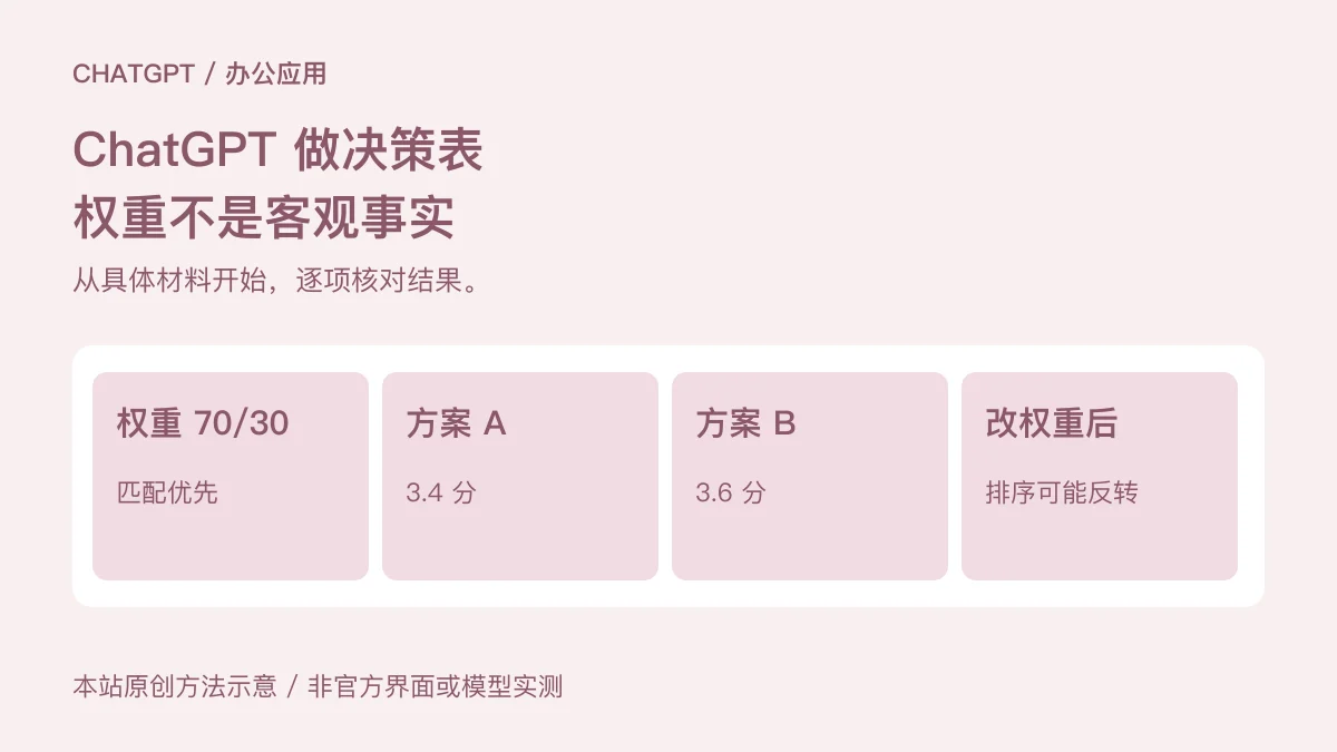 权重 70/30:匹配优先;方案 A:3.4 分;方案 B:3.6 分;改权重后:排序可能反转